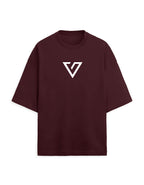 A dark burgundy short-sleeve t-shirt with a white geometric triangular 'V' logo printed on the center chest, displayed against a solid white background.