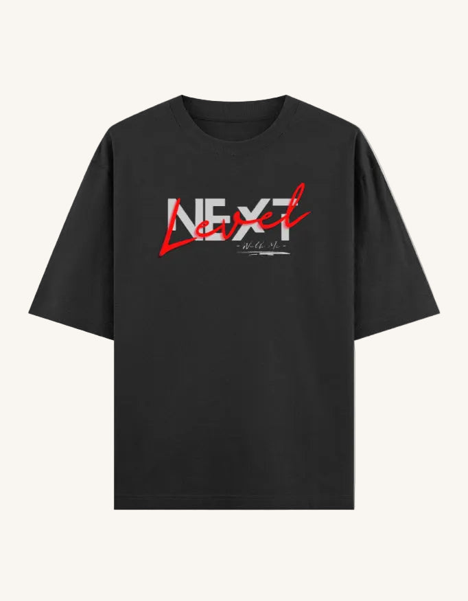 Black t-shirt with 'Next Level' text on a white background