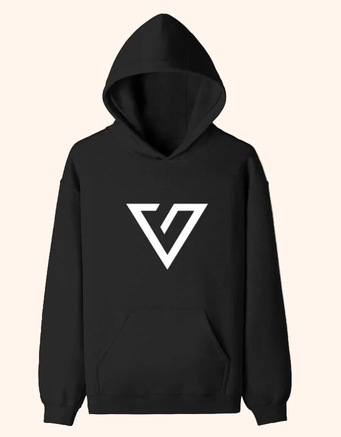 A black pullover hoodie with a white geometric triangular logo printed on the chest, displayed against a solid taupe background.