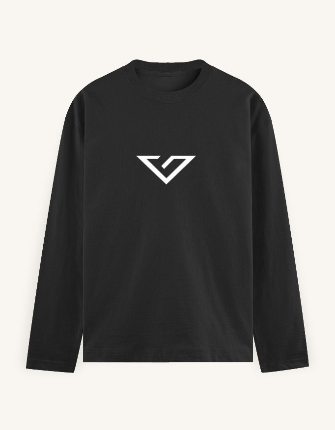 A black long-sleeve crewneck shirt with a white geometric logo on the chest, displayed against a light off-white background.