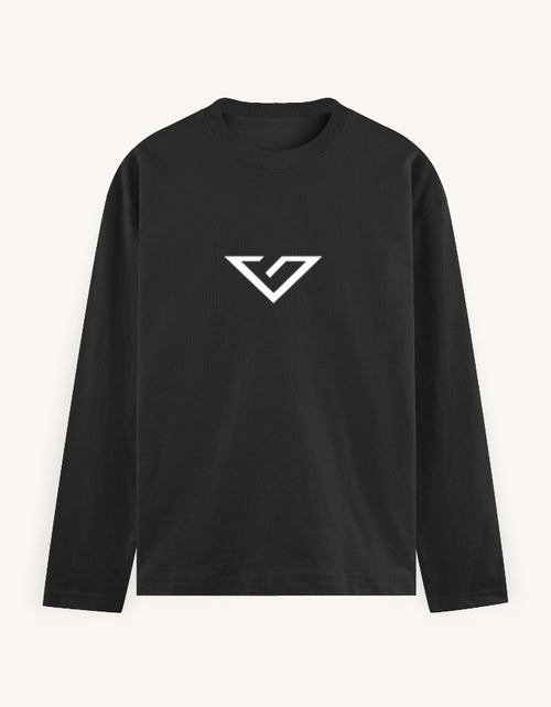A black long-sleeve crewneck shirt with a white geometric logo on the chest, displayed against a light off-white background.
