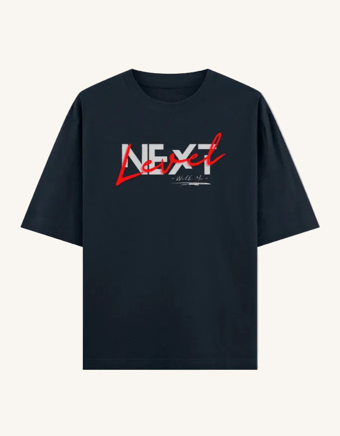 Black t-shirt with 'Next Level' text on a white background