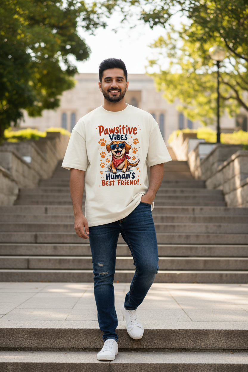 An off-white short-sleeve t-shirt with a colorful graphic of a cartoon dog wearing sunglasses and a red bandana, surrounded by paw prints and the text 'Pawsitive Vibes Human's BEST FRIEND!'.