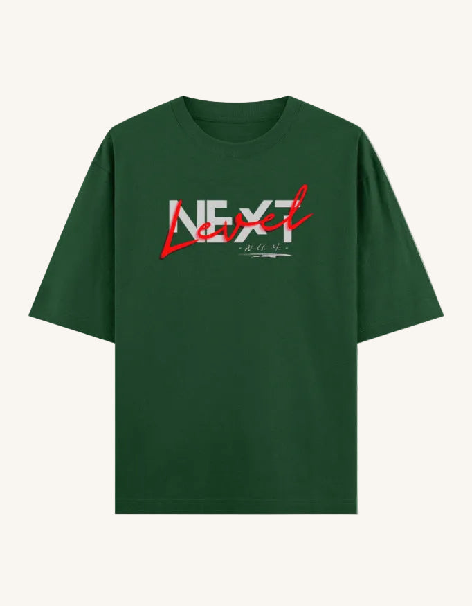 Green t-shirt with 'Next Level' text on a white background