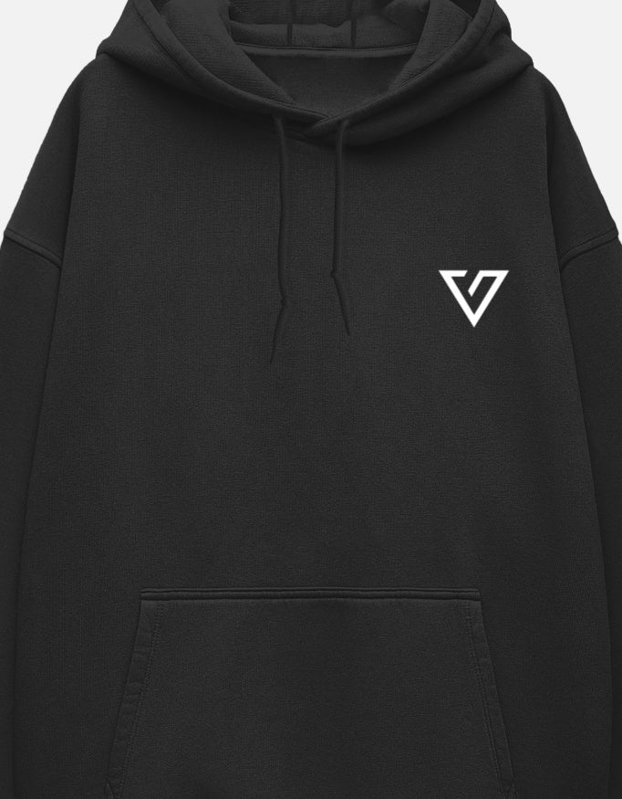 Black hoodie with a white embroidered design on the chest against a white background