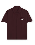 Maroon shirt with a graphic design on the chest against a white background