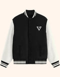 Black and white varsity jacket with 'MOOD' text on a white background