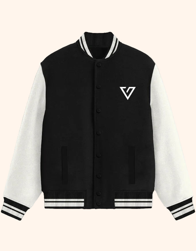 Black and white varsity jacket with 'MOOD' text on a white background