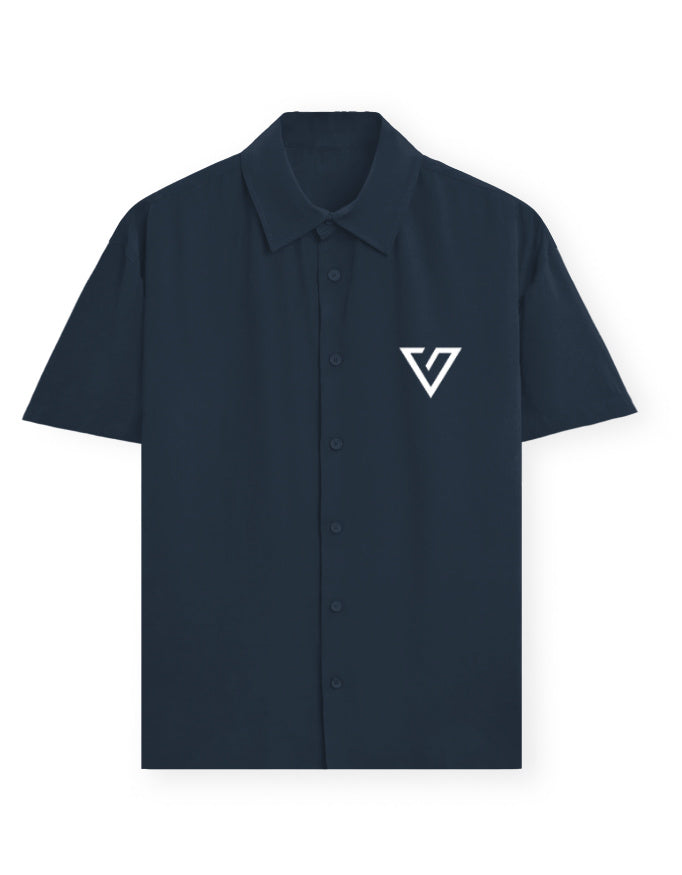 Navy Blue shirt with a graphic design on the chest against a white background