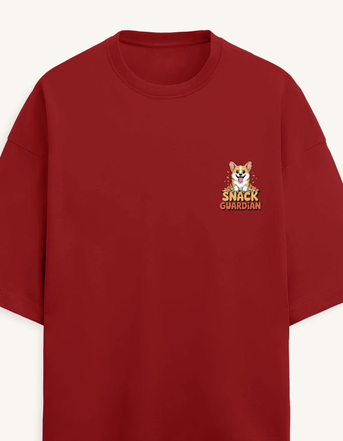 Red t-shirt with a colorful graphic on the chest against a white background