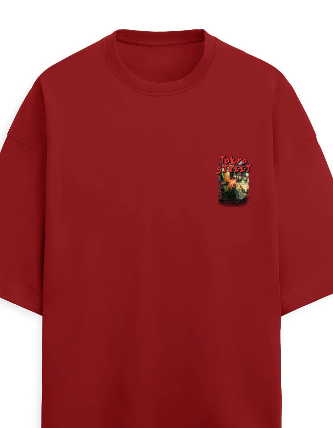 A red short-sleeve crewneck t-shirt with a small graphic print on the left chest featuring red roses and the text '1982'.