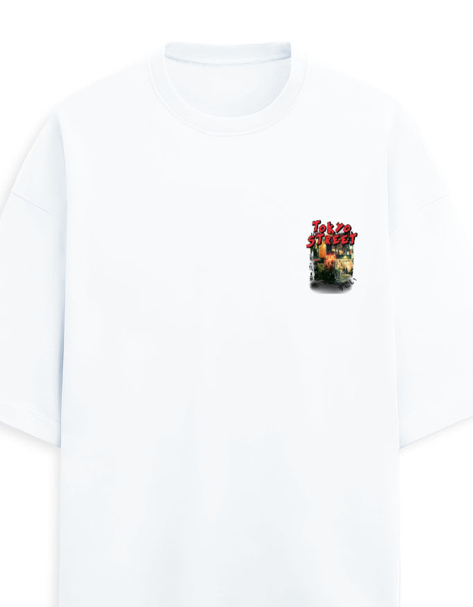 A white short-sleeve crewneck t-shirt with a small graphic print on the left chest depicting red roses and a burning building.