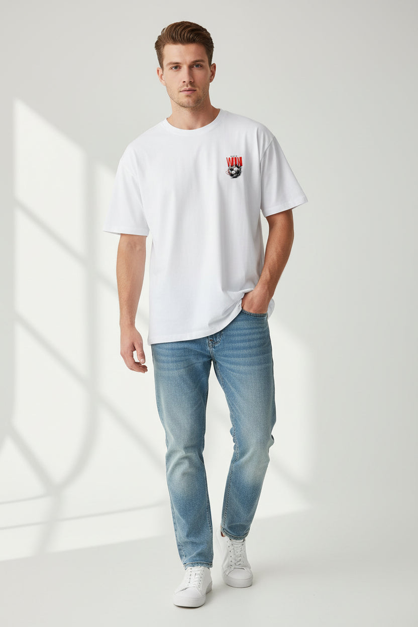 VibeVastr Play to Win oversized white graphic T-shirt back view featuring bold football artwork and motivational streetwear design