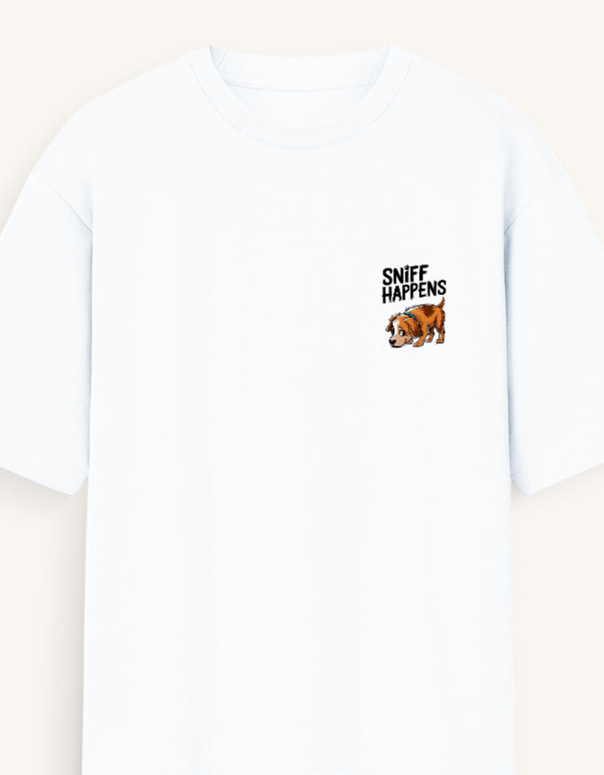 White t-shirt with a logo on the chest against a white background