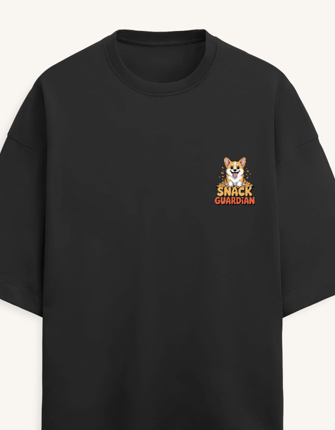 Black t-shirt with a crest design on a white background
