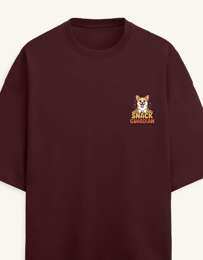 Maroon t-shirt with a crest design on a white background