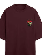 Black t-shirt with a small logo on a white background