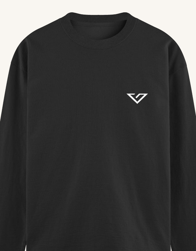 Black long-sleeve shirt with a small logo on a white background