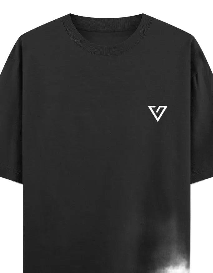 Black t-shirt with a white symbol on the chest against a white background