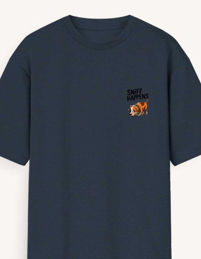 Sniff Happens Oversized Graphic T-Shirt | Cute Dog Print | 180 GSM Cotton | Unisex | VibeVastr