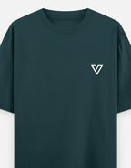 Dark green t-shirt with a small white logo on a light gray background