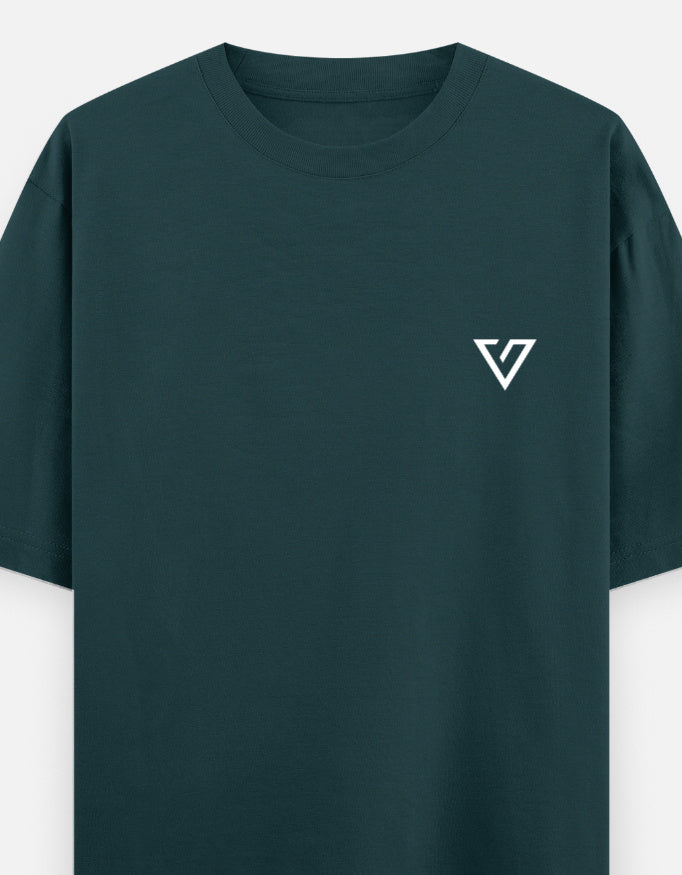Dark green t-shirt with a small white logo on a light gray background