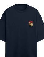 Black t-shirt with a red and yellow symbol on the chest against a light gray background
