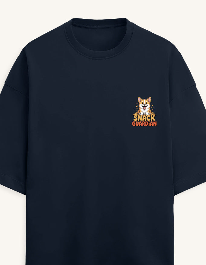 Navy blue t-shirt with a crest design on a white background
