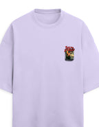 A light lavender crewneck t-shirt with a small graphic print on the left chest featuring red roses and the text 'LOVE' in red, set against a plain white background.