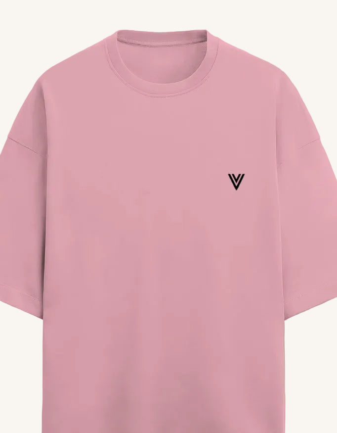 Pink t-shirt with a black logo on a beige background