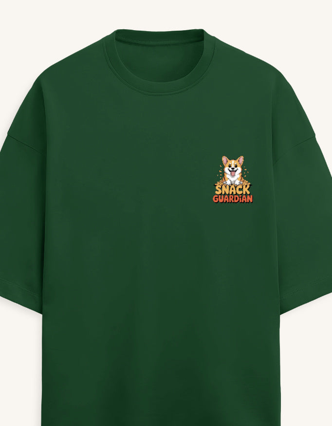 Green t-shirt with a colorful geometric logo on a white background