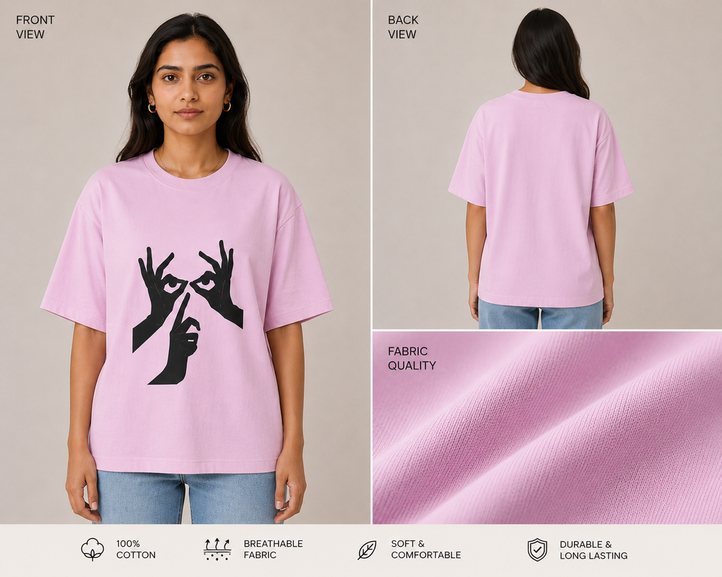 Pink t-shirt with black graphic design worn by a person, showing front and back views, and fabric quality close-up.