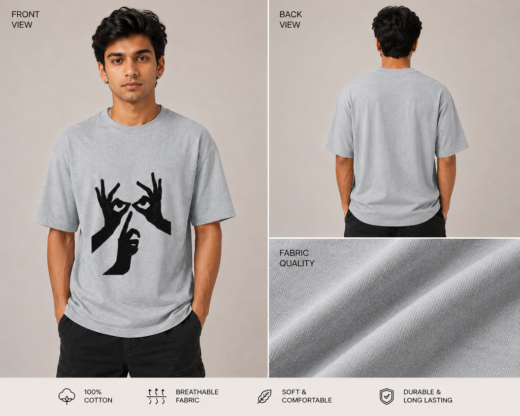 Gray t-shirt with a graphic design worn by a person, showing front and back views, and fabric quality close-up.