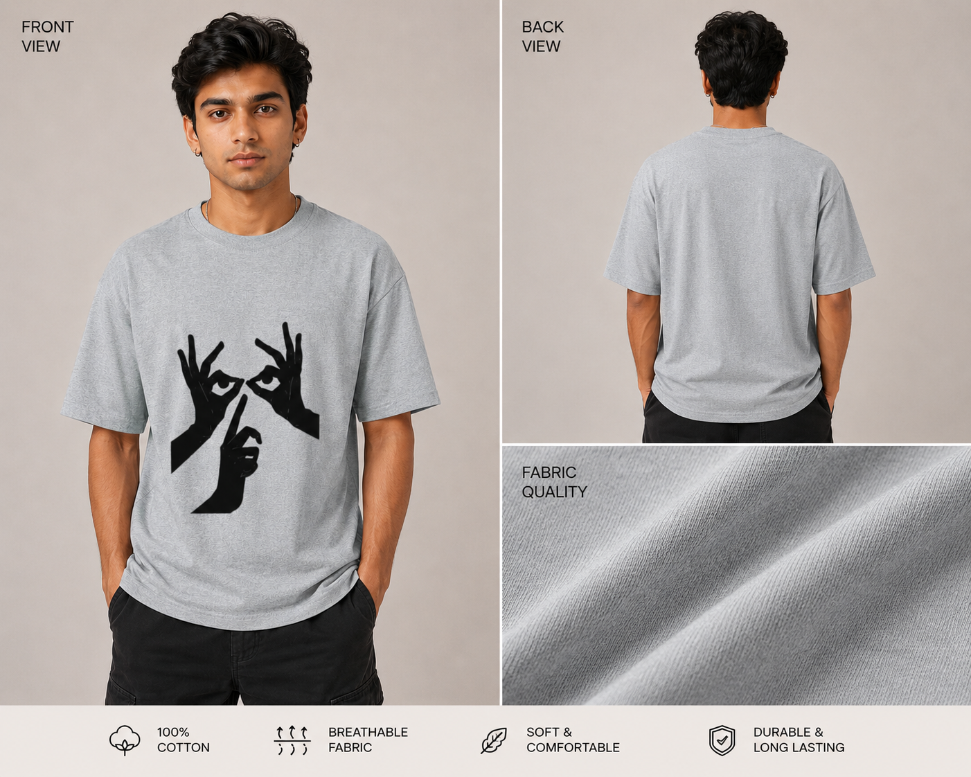 Gray t-shirt with a graphic design worn by a person, showing front and back views, and fabric quality close-up.
