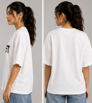 A woman modeling an oversized white short-sleeve T-shirt, shown from both the side and back views against a plain light gray studio background.