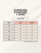 Size chart for oversized standard t-shirts with chest and length measurements.