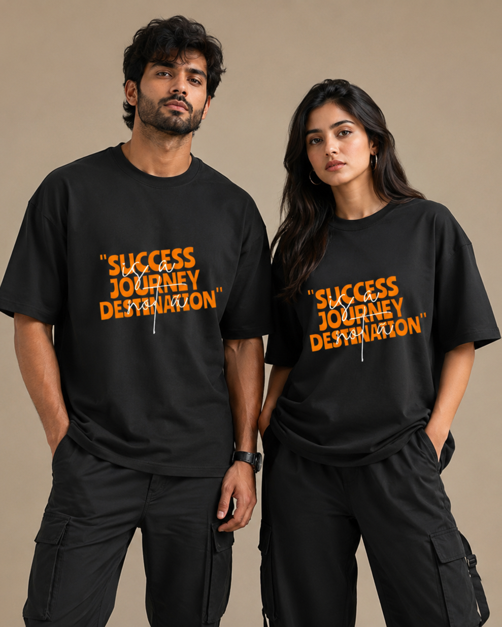 A man and a woman modeling matching black oversized T-shirts with orange text that reads “SUCCESS JOURNEY DESTINATION” and a small white vertical line detail, posed against a plain beige studio background.