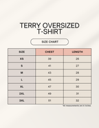Size chart for terry oversized t-shirt with chest and length measurements.