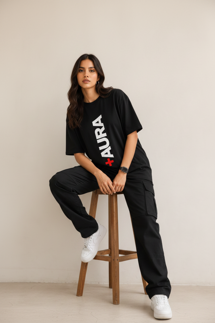 A model wearing a black short-sleeve t-shirt with a bold white and red vertical 'AURA' logo on the chest, paired with black cargo pants and white sneakers, set against a plain light beige background.