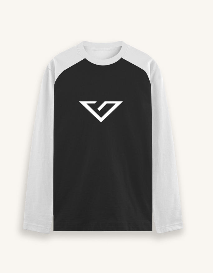 Black and white baseball shirt with 'Print Your Design' text on a white background
