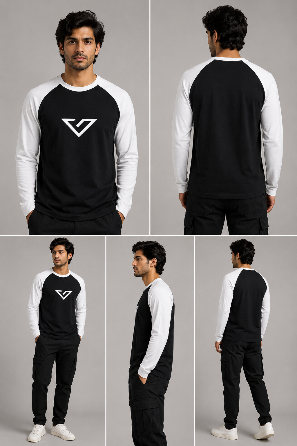 A man modeling a black and white raglan long-sleeve shirt from multiple angles, including front, back, side, and three-quarter views. The shirt features a white geometric logo on the center chest.