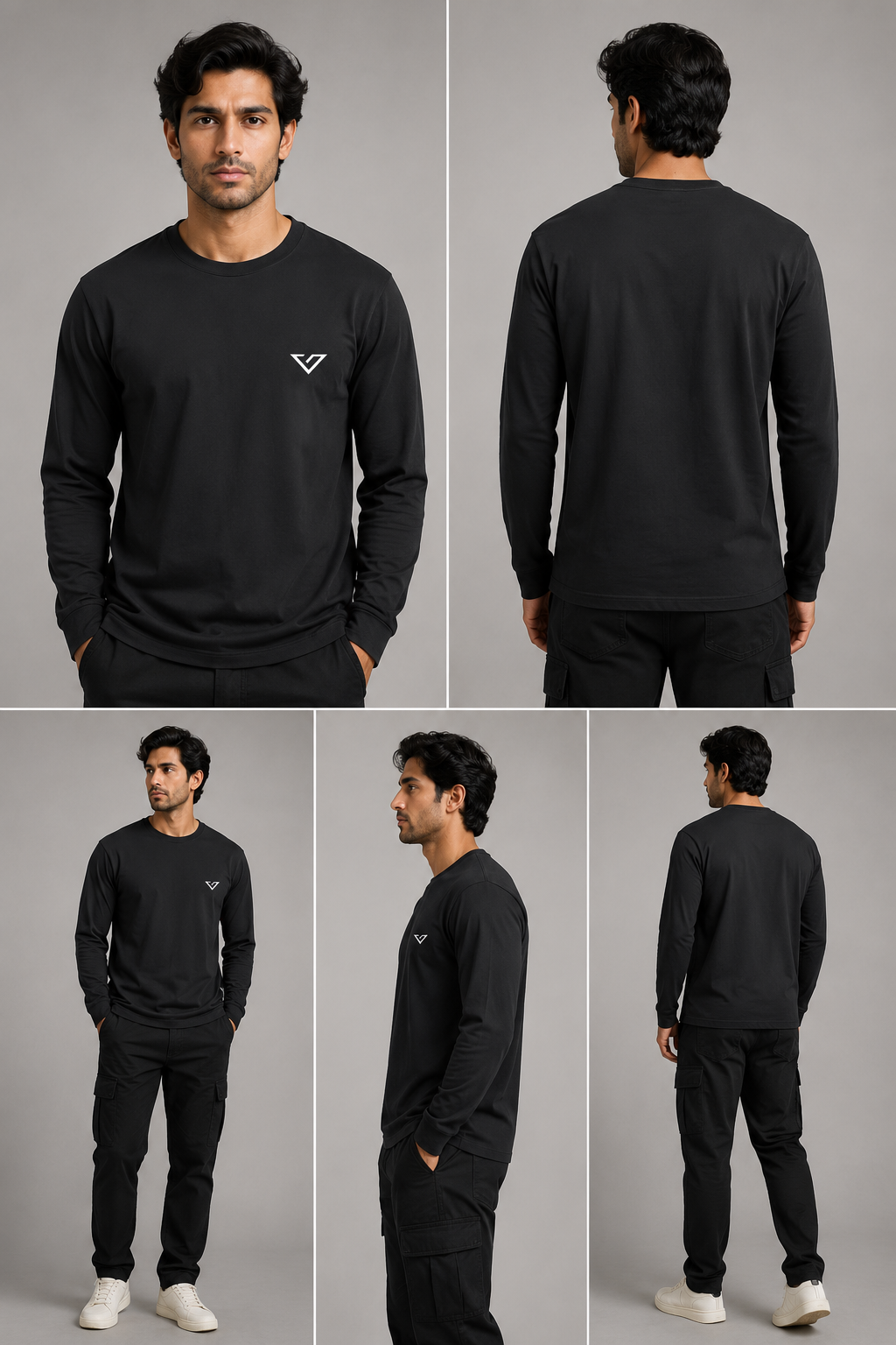 A man modeling a black long-sleeve crewneck sweatshirt and matching black pants in a five-panel studio collage, showing front, back, and side views against a light gray background.