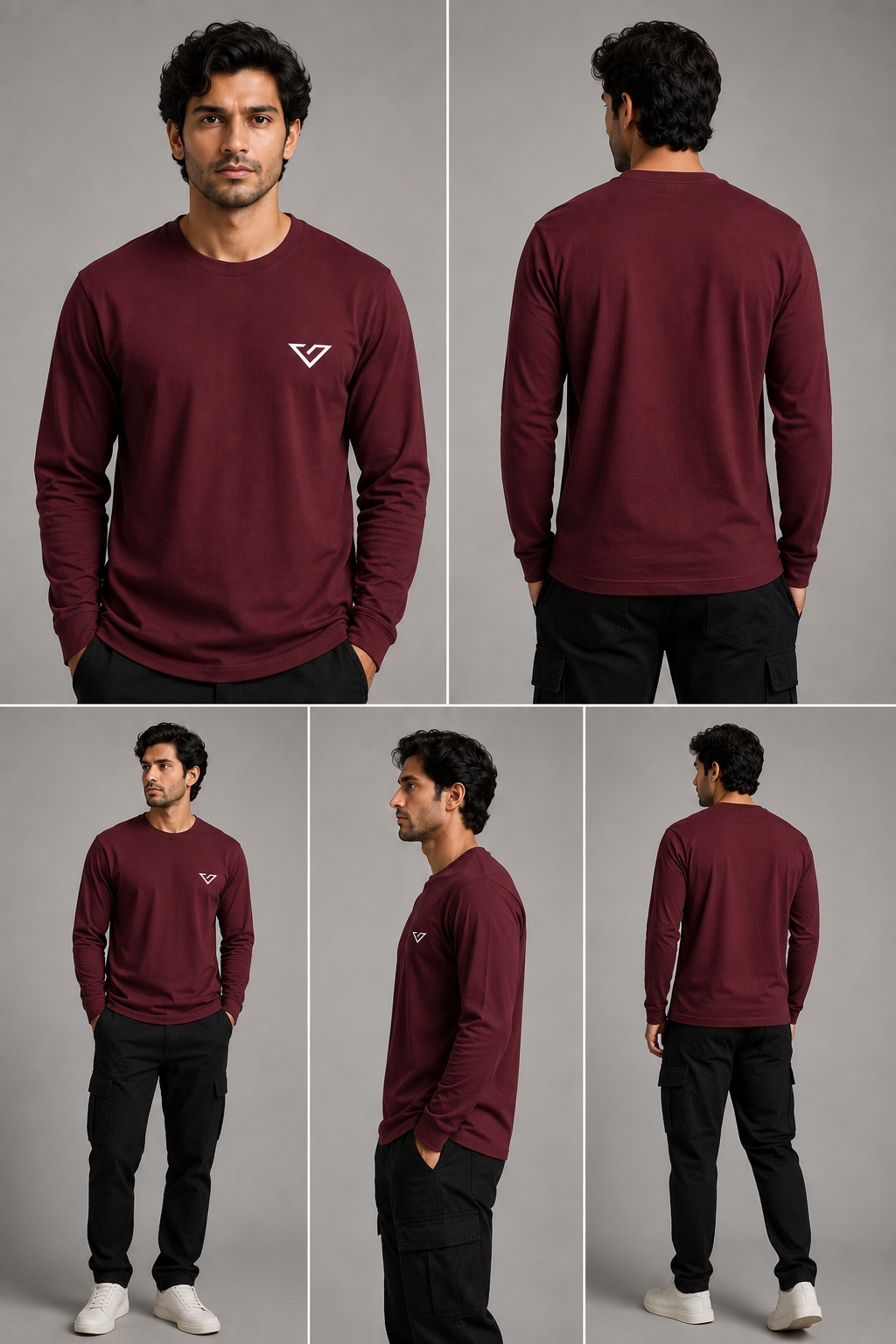 A man modeling a burgundy long-sleeve crewneck shirt with a small white V-shaped chest logo, shown in multiple views against a neutral gray studio background.