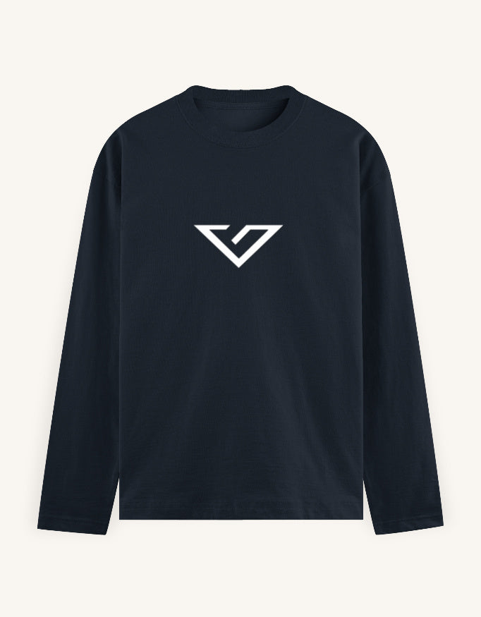 A dark navy blue long-sleeve crewneck shirt with a white geometric logo on the chest, displayed against a light cream background.
