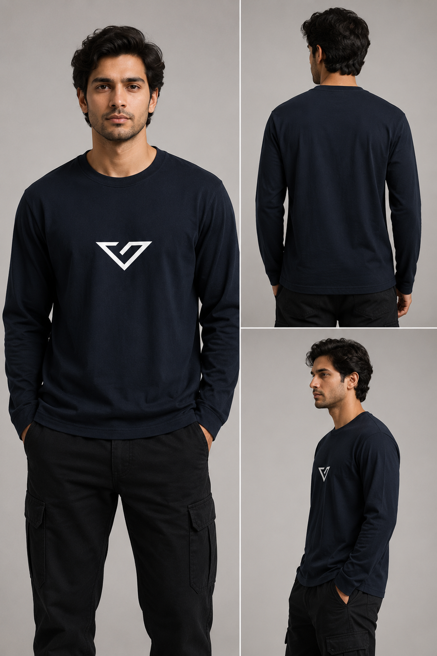 Men's Navy Blue Full Sleeve Cotton T-Shirt | Regular Fit Round Neck Casual Tee | VIBEVASTR