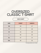 Size chart for oversized classic t-shirts with chest and length measurements.